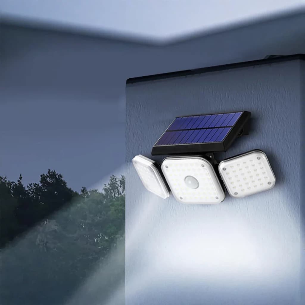 Candeeiro Solar Exterior Superfire IP54 2400mAh Preto 300lm 22W FF13-C, em uso: montado em parede exterior, 3 cabeças LED