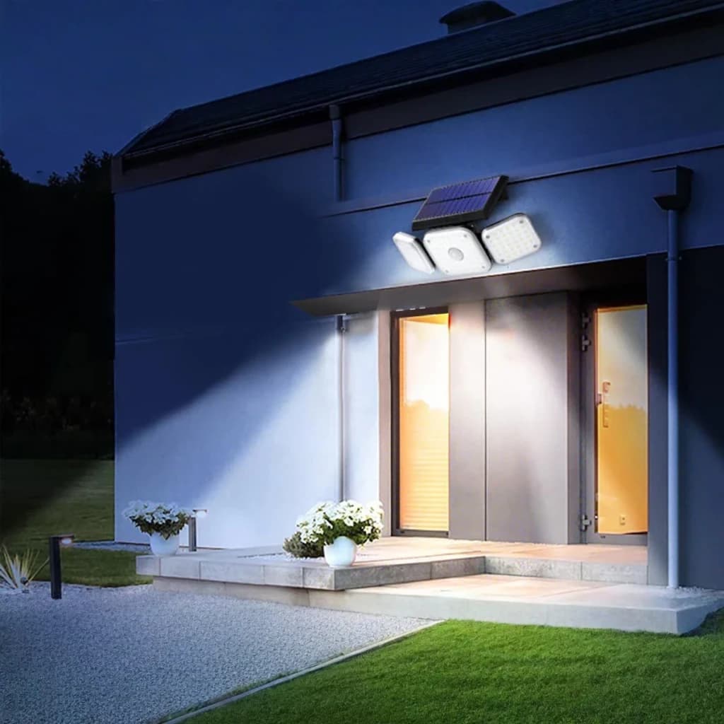 Candeeiro Solar Exterior Superfire IP54 2400mAh Preto 300lm 22W FF13-C, em uso: montado em fachada noturna a iluminar
