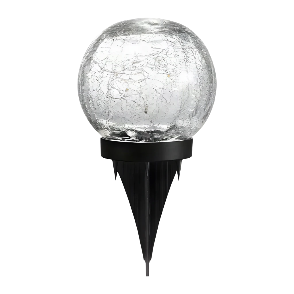 Lámpara solar Superfire Negro FF16-A, vista frontal: globo de cristal craquelado sobre estaca negra