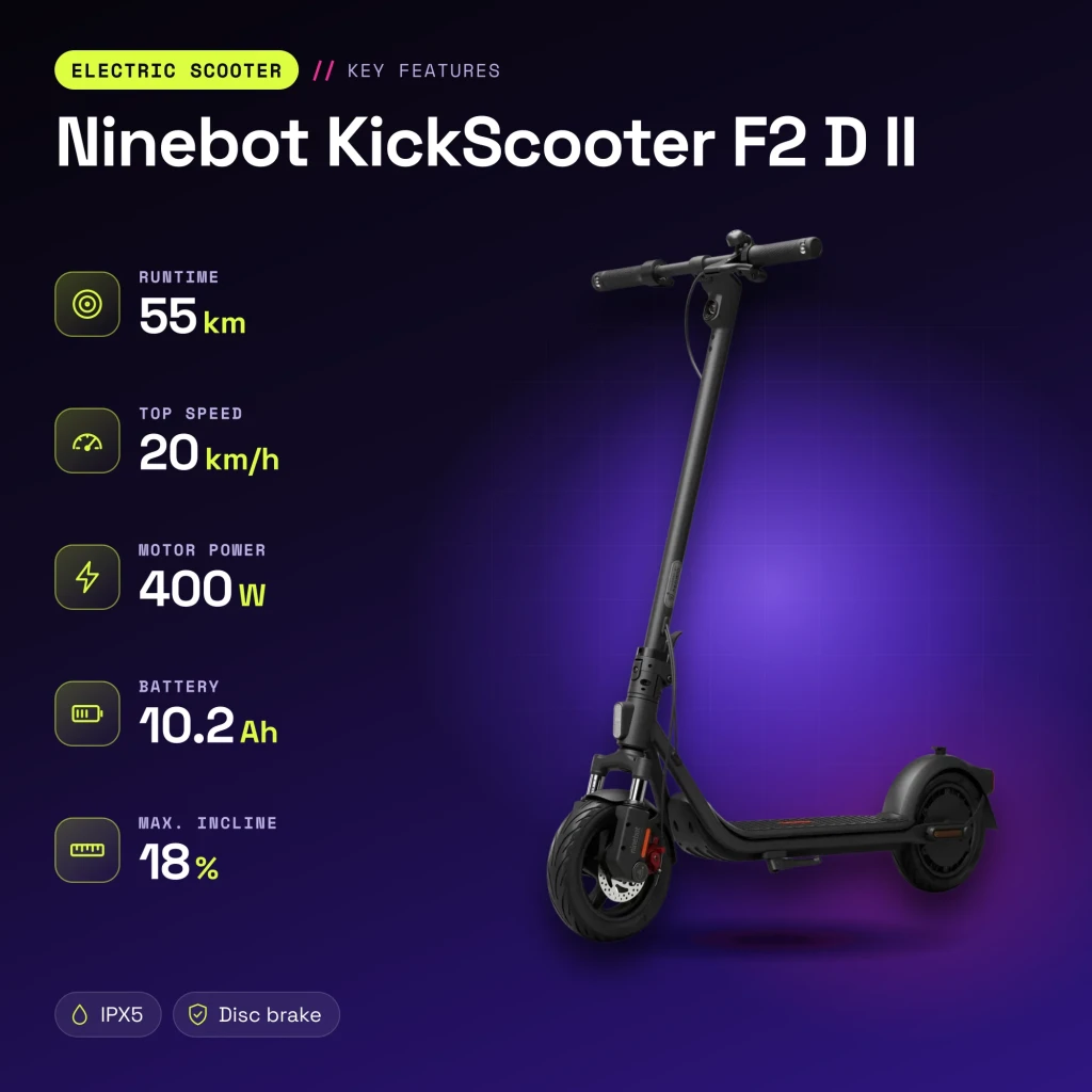 Trotinete Elétrica Ninebot KickScooter F2 D II 400W 55km 20km/h 10 polegadas Vermelho - características