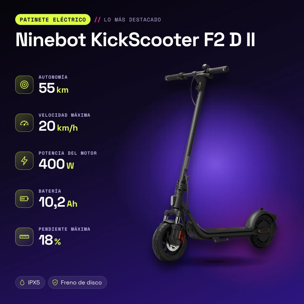 Trotinete Elétrica Ninebot KickScooter F2 D II 400W 55km 20km/h 10 polegadas Vermelho - características