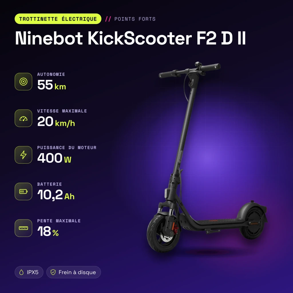 Trotinete Elétrica Ninebot KickScooter F2 D II 400W 55km 20km/h 10 polegadas Vermelho - características