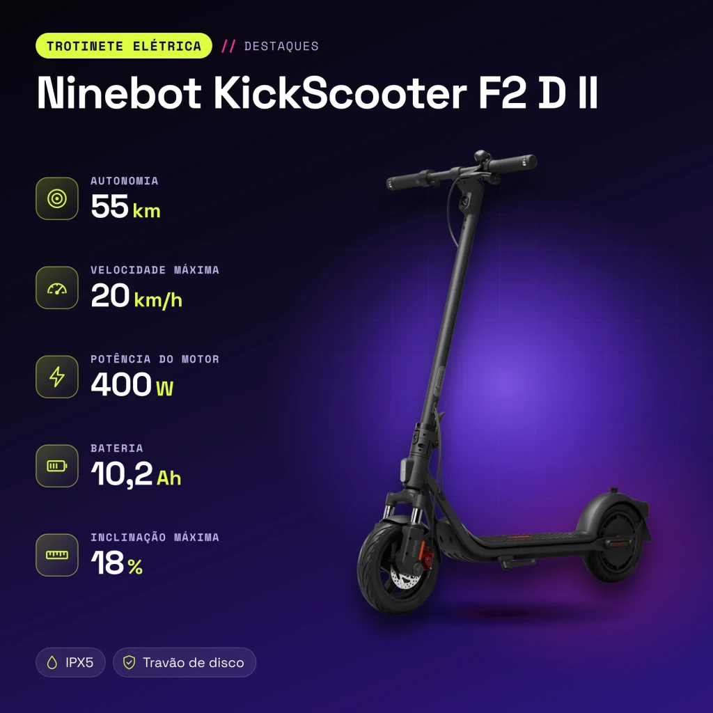 Trotinete Elétrica Ninebot KickScooter F2 D II 400W 55km 20km/h 10 polegadas Vermelho - características