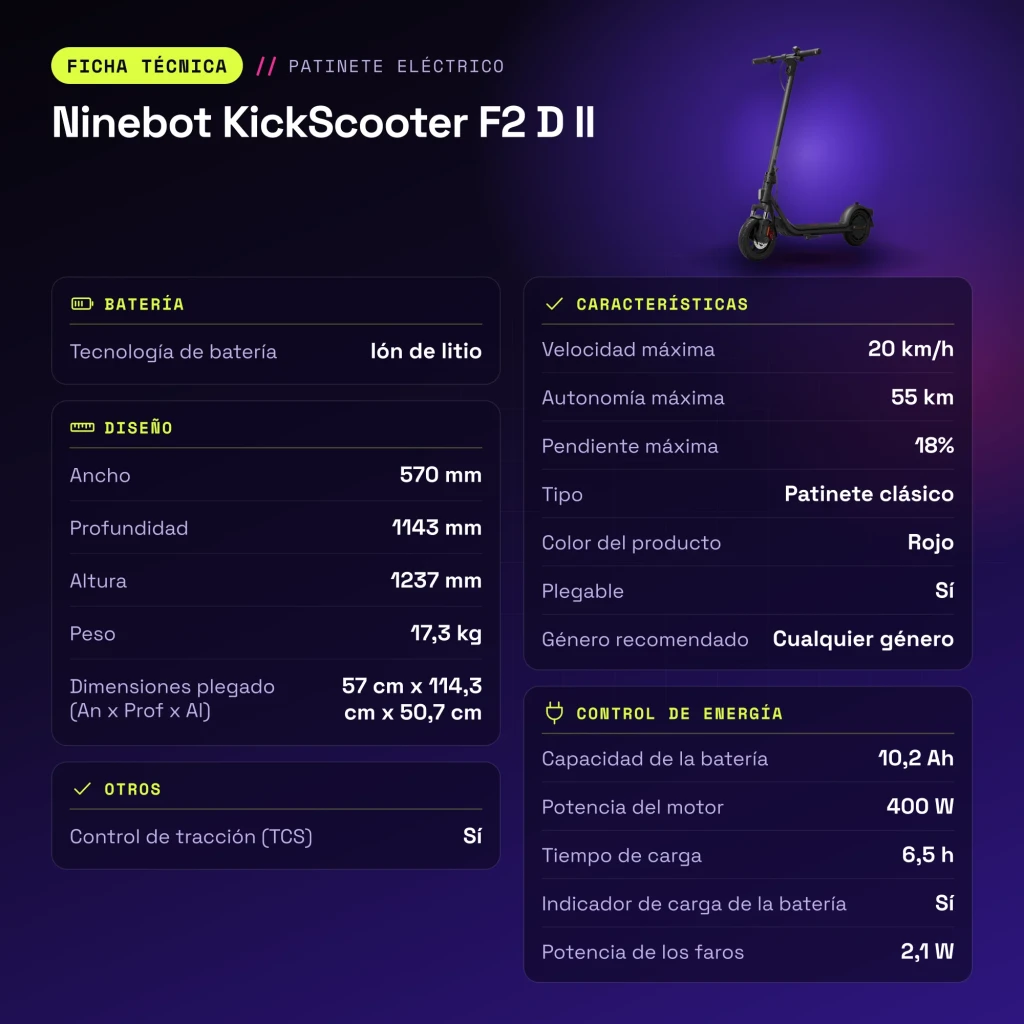 Trotinete Elétrica Ninebot KickScooter F2 D II 400W 55km 20km/h 10 polegadas Vermelho - características