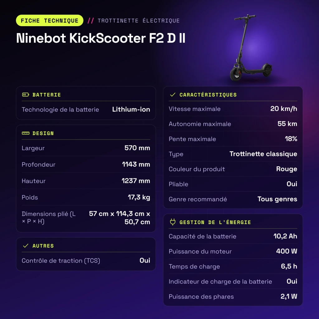 Trotinete Elétrica Ninebot KickScooter F2 D II 400W 55km 20km/h 10 polegadas Vermelho - características