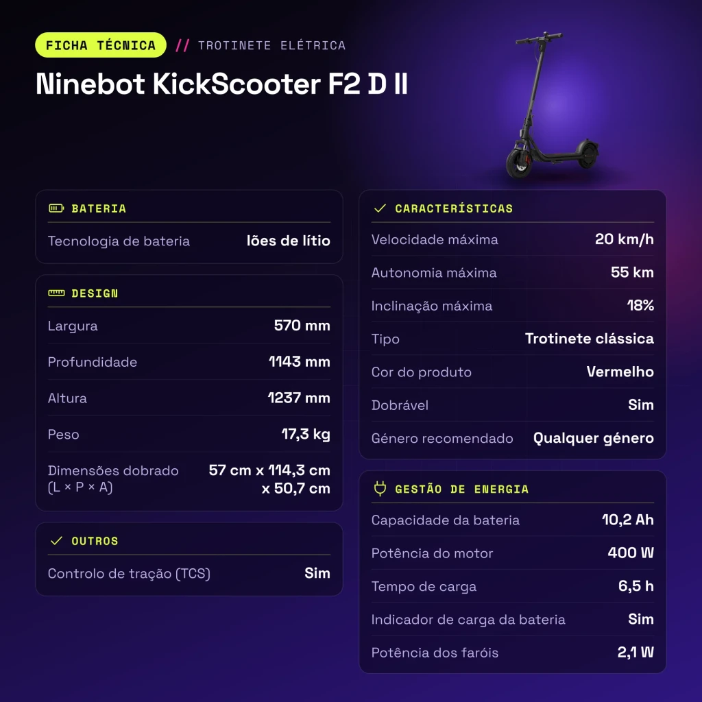 Trotinete Elétrica Ninebot KickScooter F2 D II 400W 55km 20km/h 10 polegadas Vermelho - características