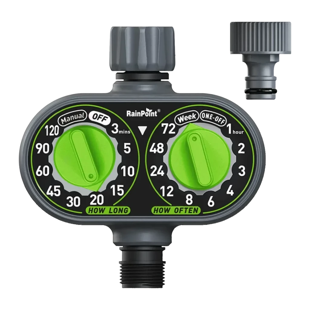 Programador de riego RainPoint Sin WiFi, pilas AAA Gris ITV121, detalle: dos diales verdes How Long y How Often con conector