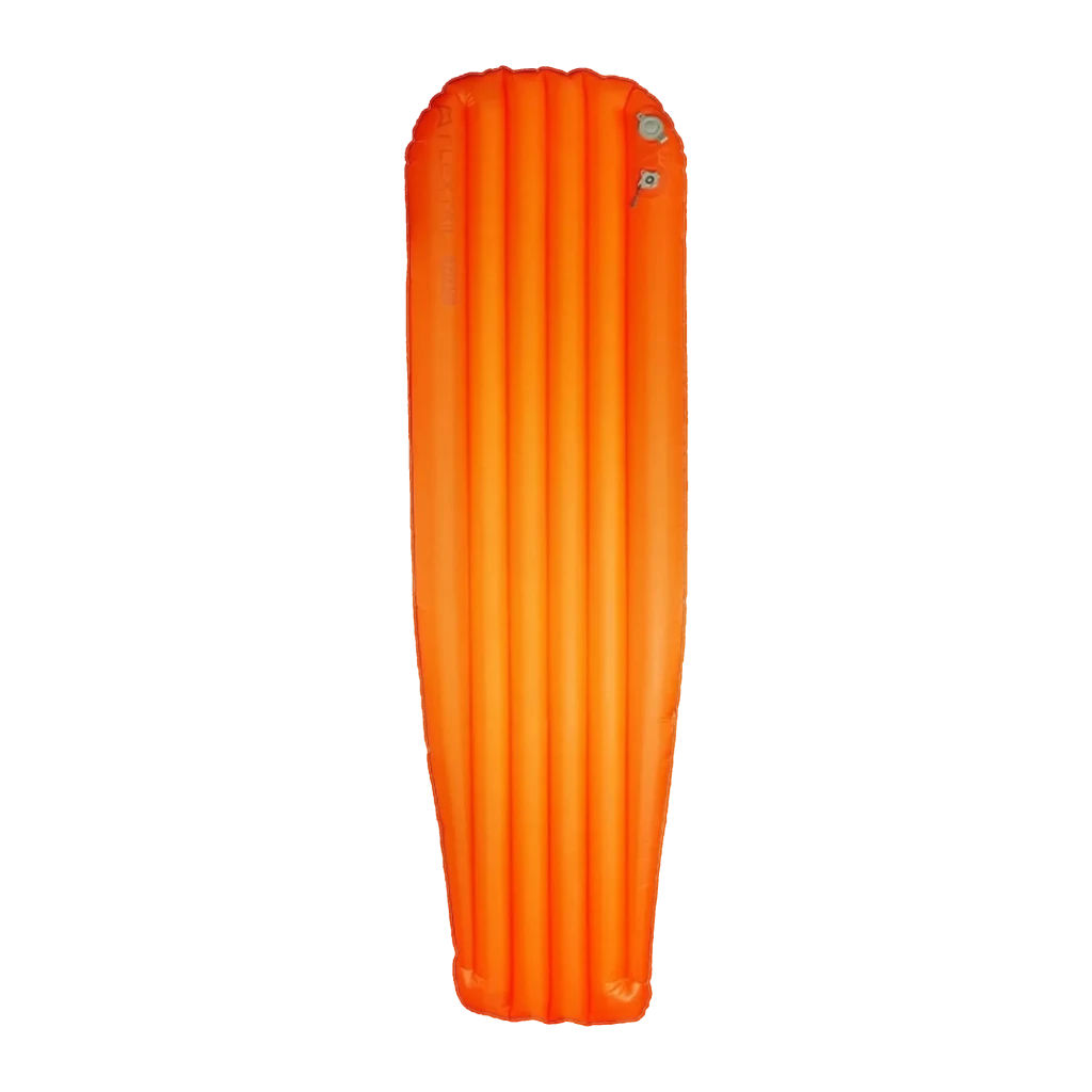 Colchão Insuflável Flextail Tiny R05 AVS Múmia Laranja, vista frontal: forma múmia insuflada com canais longitudinais