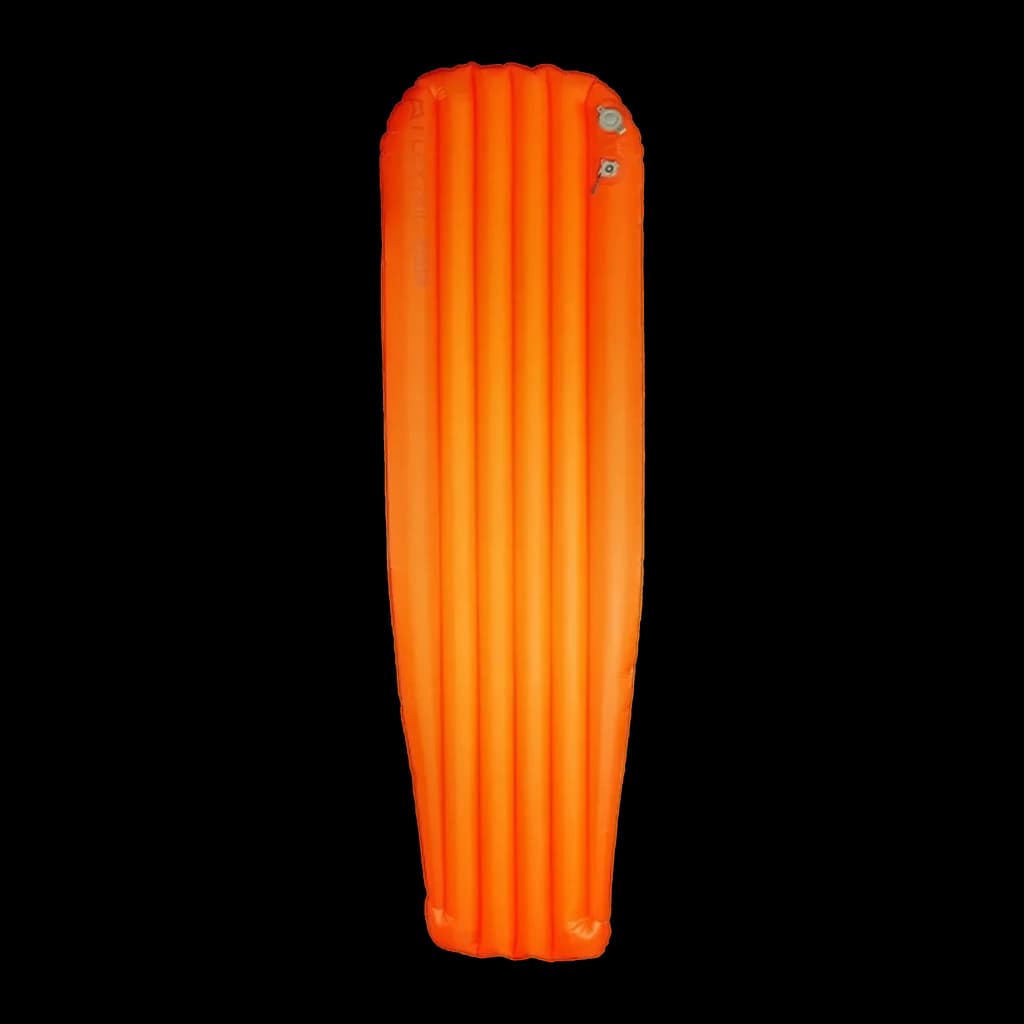 Colchão Insuflável Flextail Tiny R05 AVS Múmia Laranja, vista frontal: forma múmia insuflada com canais longitudinais