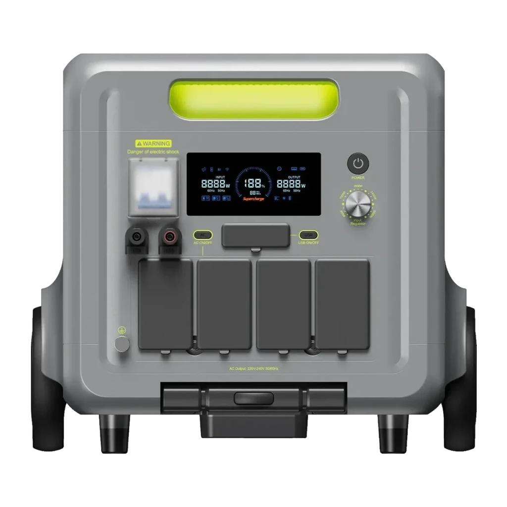 Station d'Énergie Portable FOSSIBOT F7200 Vert 5222Wh 7200W Charge Solaire, détail avant: écran LCD, 4 prises AC