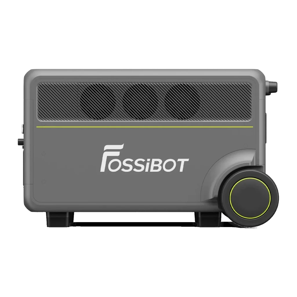Station d'Énergie Portable FOSSIBOT F7200 Vert 5222Wh 7200W Charge Solaire, détail latéral: grille de ventilation, roue à