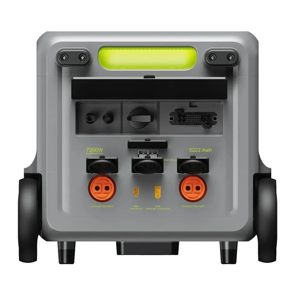 Station d'Énergie Portable FOSSIBOT F7200 Vert 5222Wh 7200W Charge Solaire, vue arrière: ports batterie extra, connecteurs