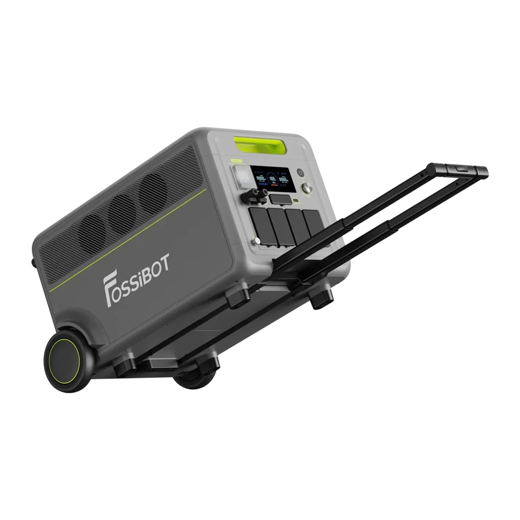 Station d'Énergie Portable FOSSIBOT F7200 Vert 5222Wh 7200W Charge Solaire, détail: poignée télescopique déployée et roues