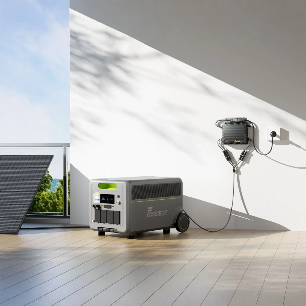 Station d'Énergie Portable FOSSIBOT F7200 Vert 5222Wh 7200W Charge Solaire, en utilisation: sur terrasse avec panneau