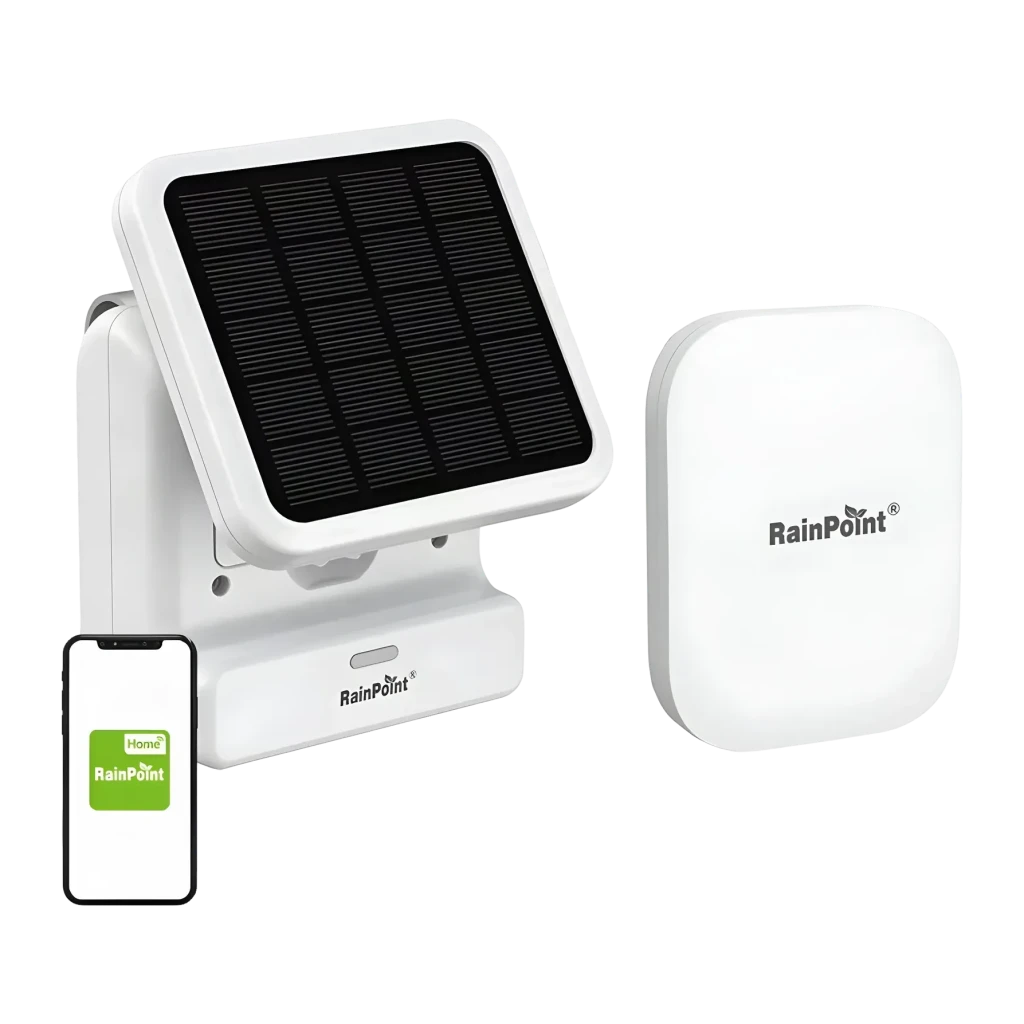RainPoint Kit de Riego Solar con Bomba y Gateway IP54 Blanco HTP115FR+HWG023WBRF, vista frontal: bomba solar con panel