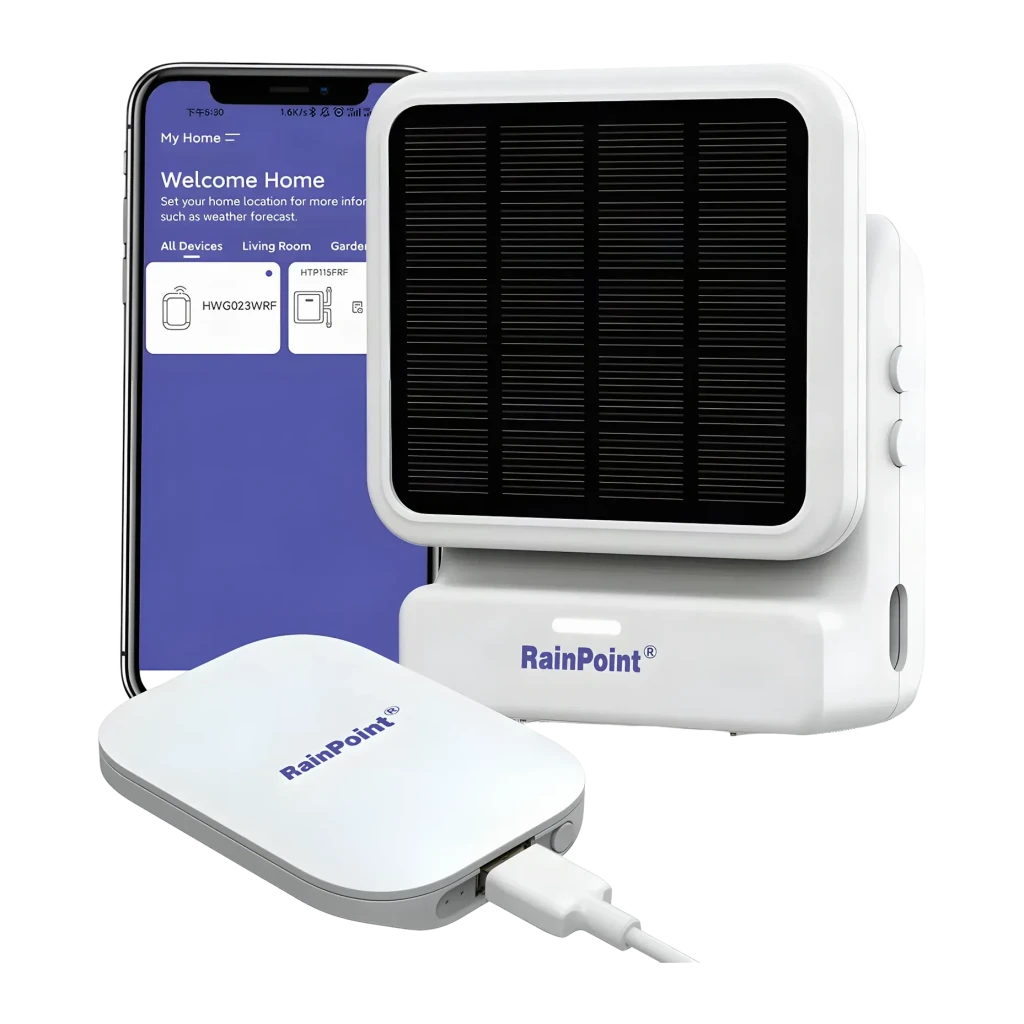 RainPoint Kit de Riego Solar con Bomba y Gateway IP54 Blanco HTP115FR+HWG023WBRF, detalle: panel solar, gateway con cable