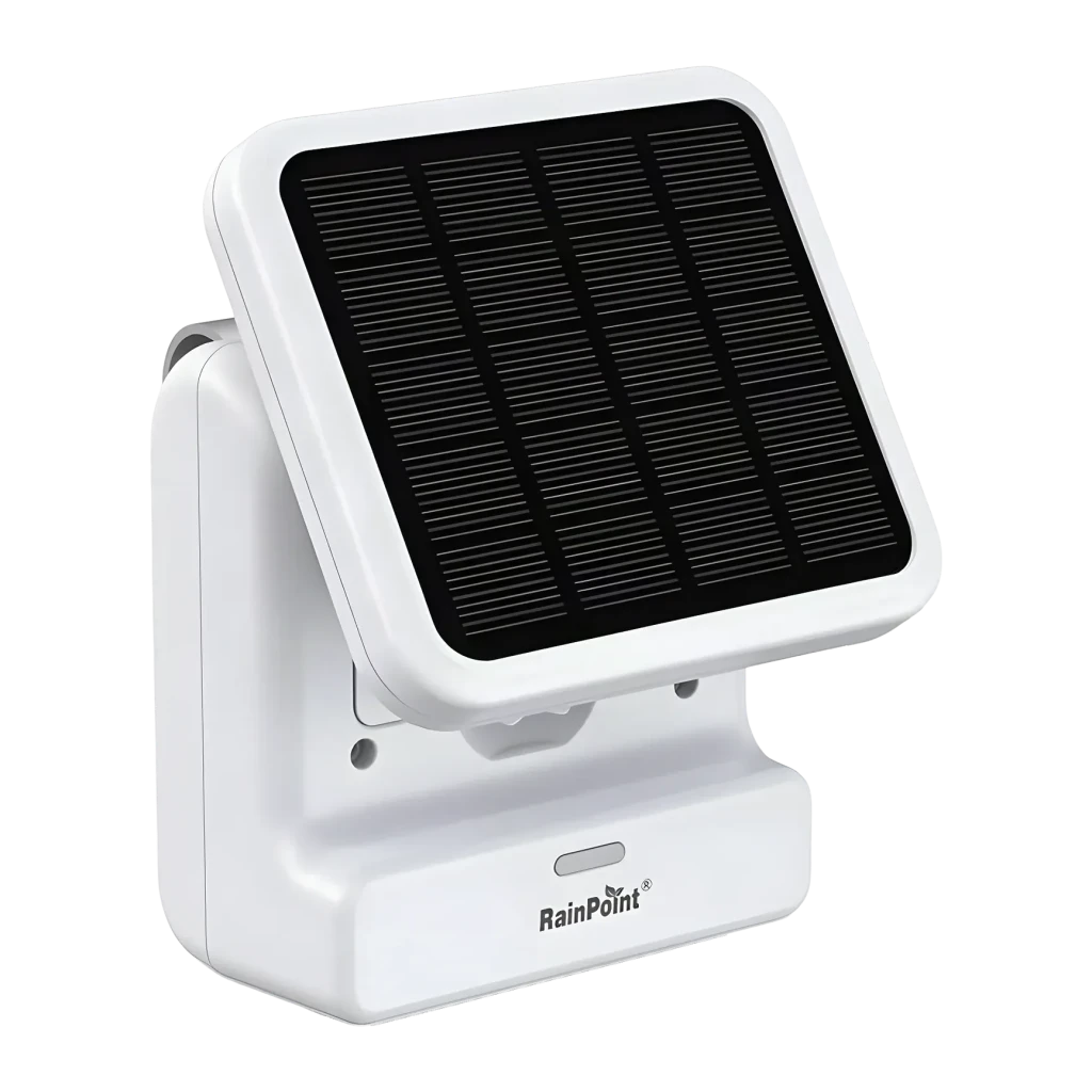 RainPoint Kit de Riego Solar con Bomba y Gateway IP54 Blanco HTP115FR+HWG023WBRF, detalle: panel solar orientable sobre base