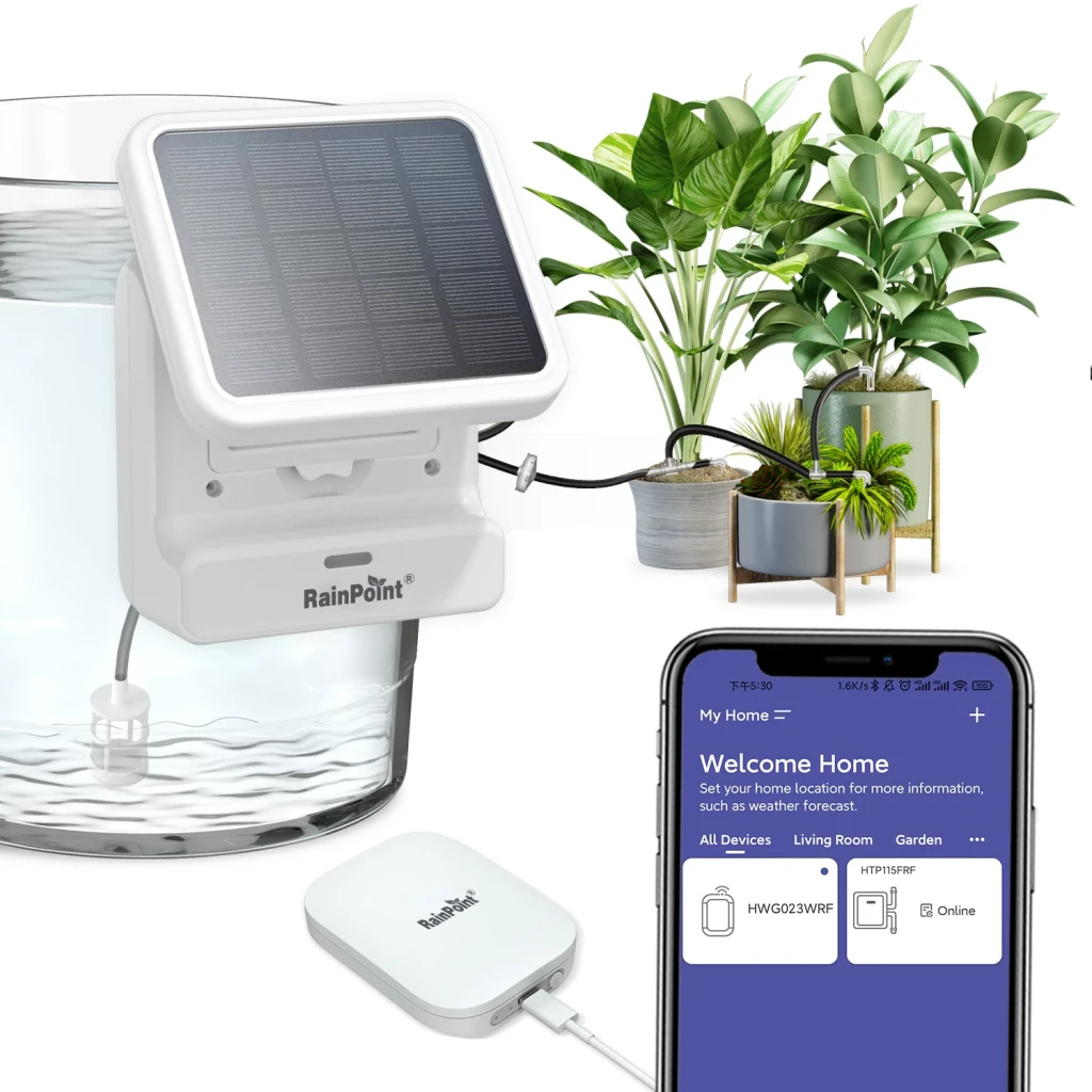 RainPoint Kit de Riego Solar con Bomba y Gateway IP54 Blanco HTP115FR+HWG023WBRF, en uso: bomba solar en depósito, gateway