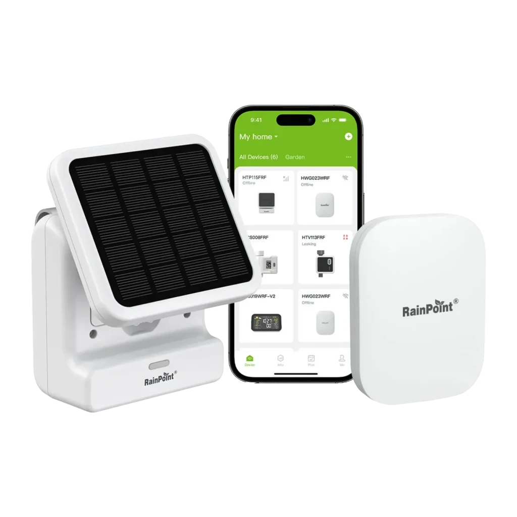 RainPoint Kit de Riego Solar con Bomba y Gateway IP54 Blanco HTP115FR+HWG023WBRF, detalle: bomba solar, gateway y app