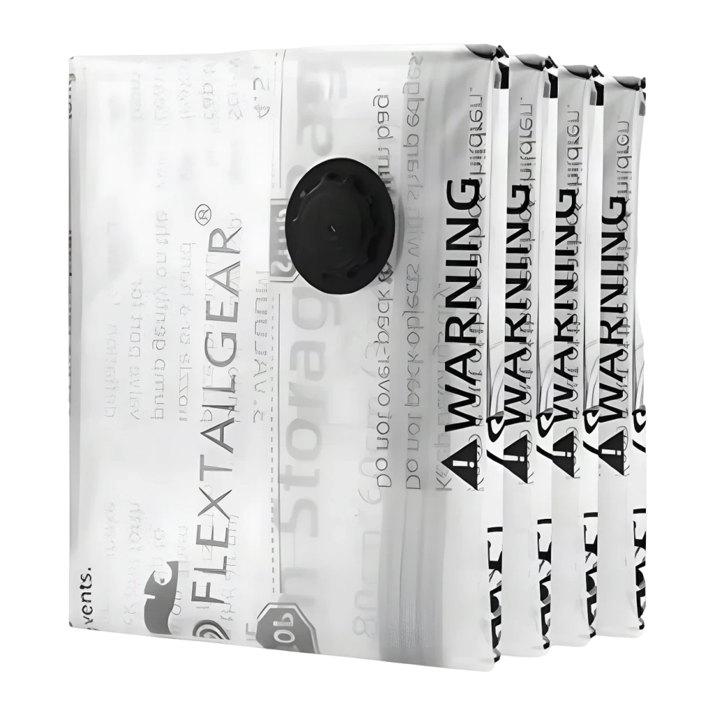 Sacs sous vide Flextail Vacuum L Pack de 4 – 10-12 pulls par sac, vue de face: 4 sacs transparents empilés avec valve