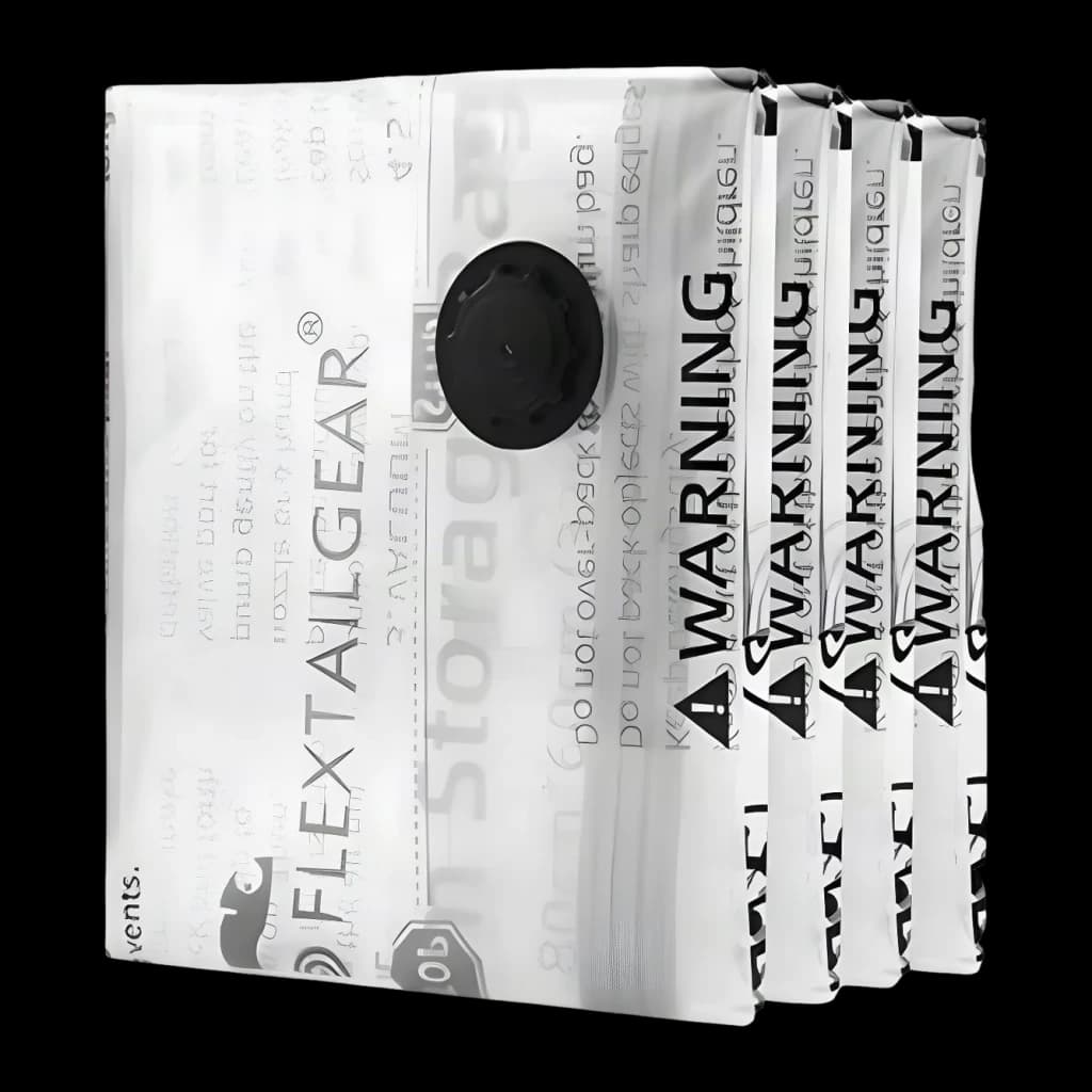 Sacs sous vide Flextail Vacuum L Pack de 4 – 10-12 pulls par sac, vue de face: 4 sacs transparents empilés avec valve