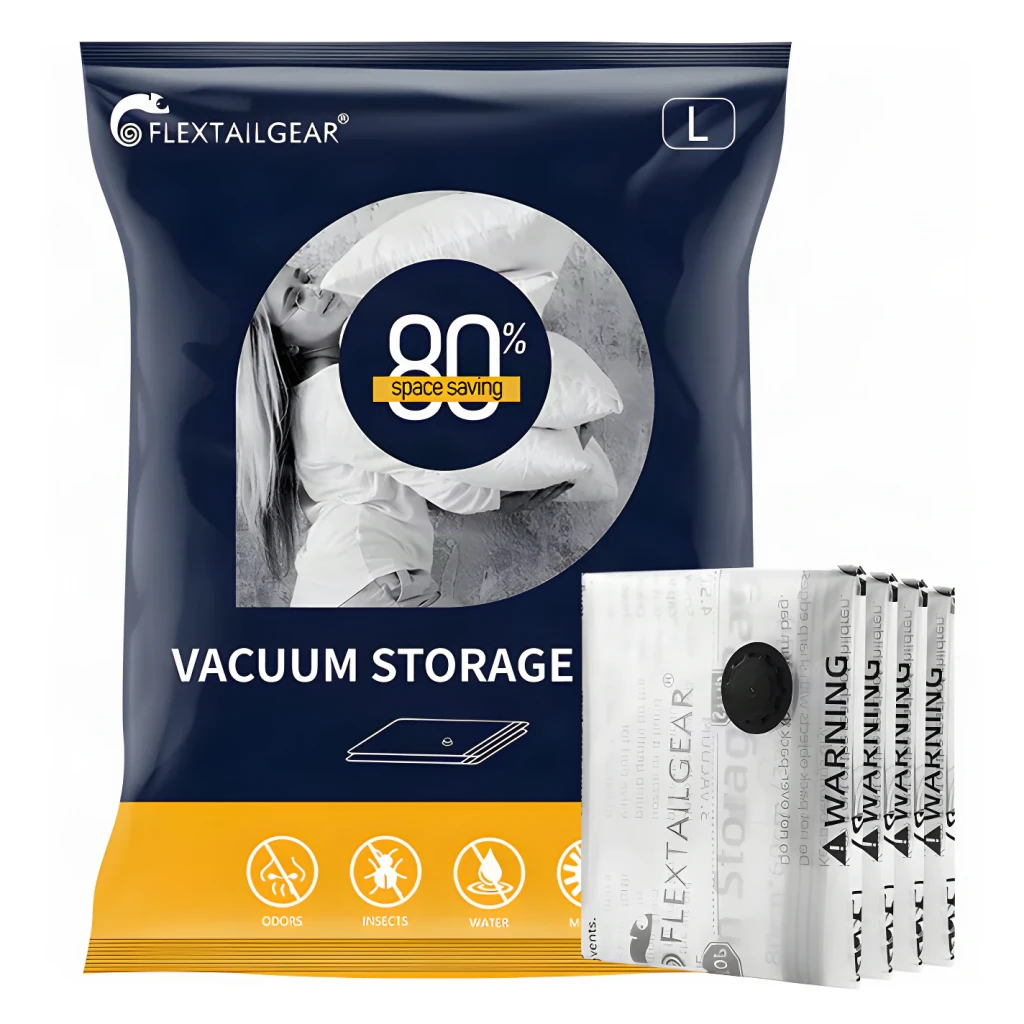 Sacs sous vide Flextail Vacuum L Pack de 4 – 10-12 pulls par sac, contenu de la boîte: emballage bleu et 4 sacs transparents