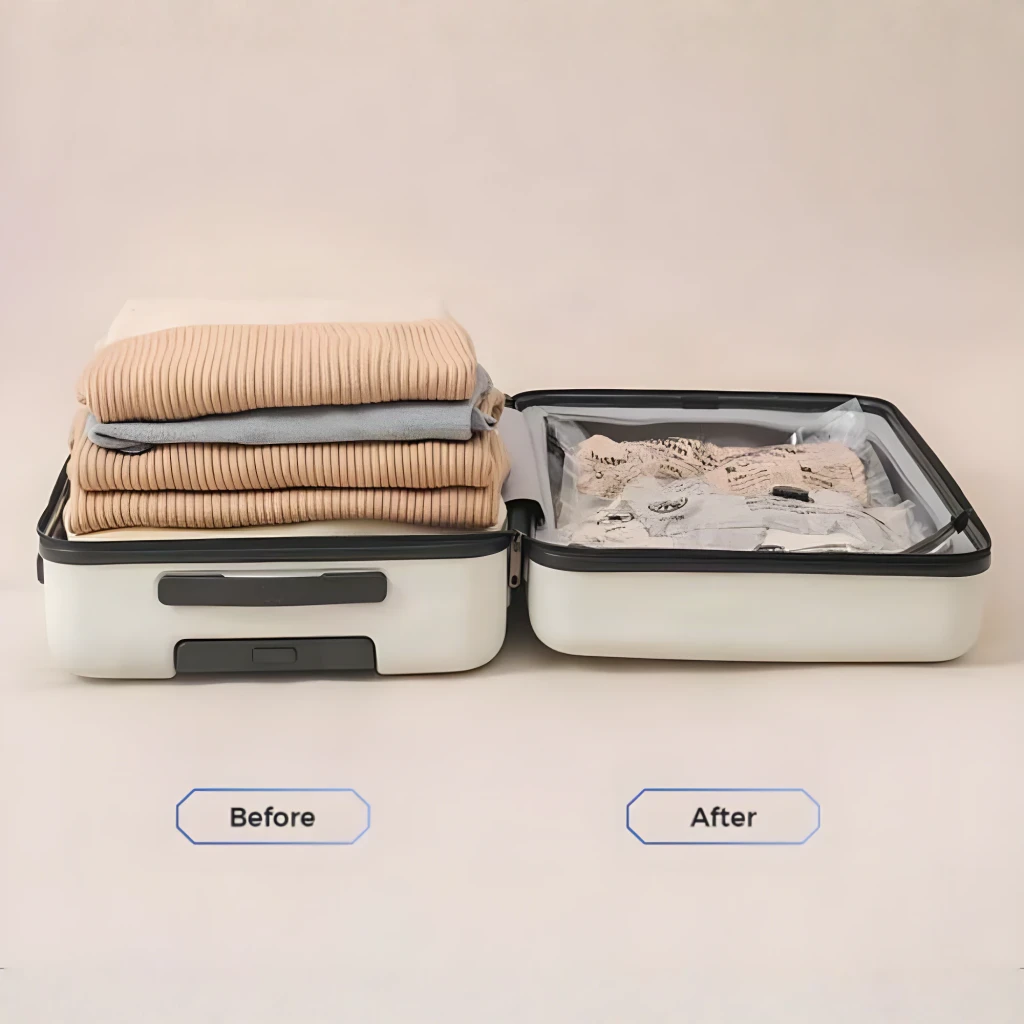 Sacs sous vide Flextail Vacuum L Pack de 4 – 10-12 pulls par sac, en utilisation: avant et après, pulls pliés empilés vs