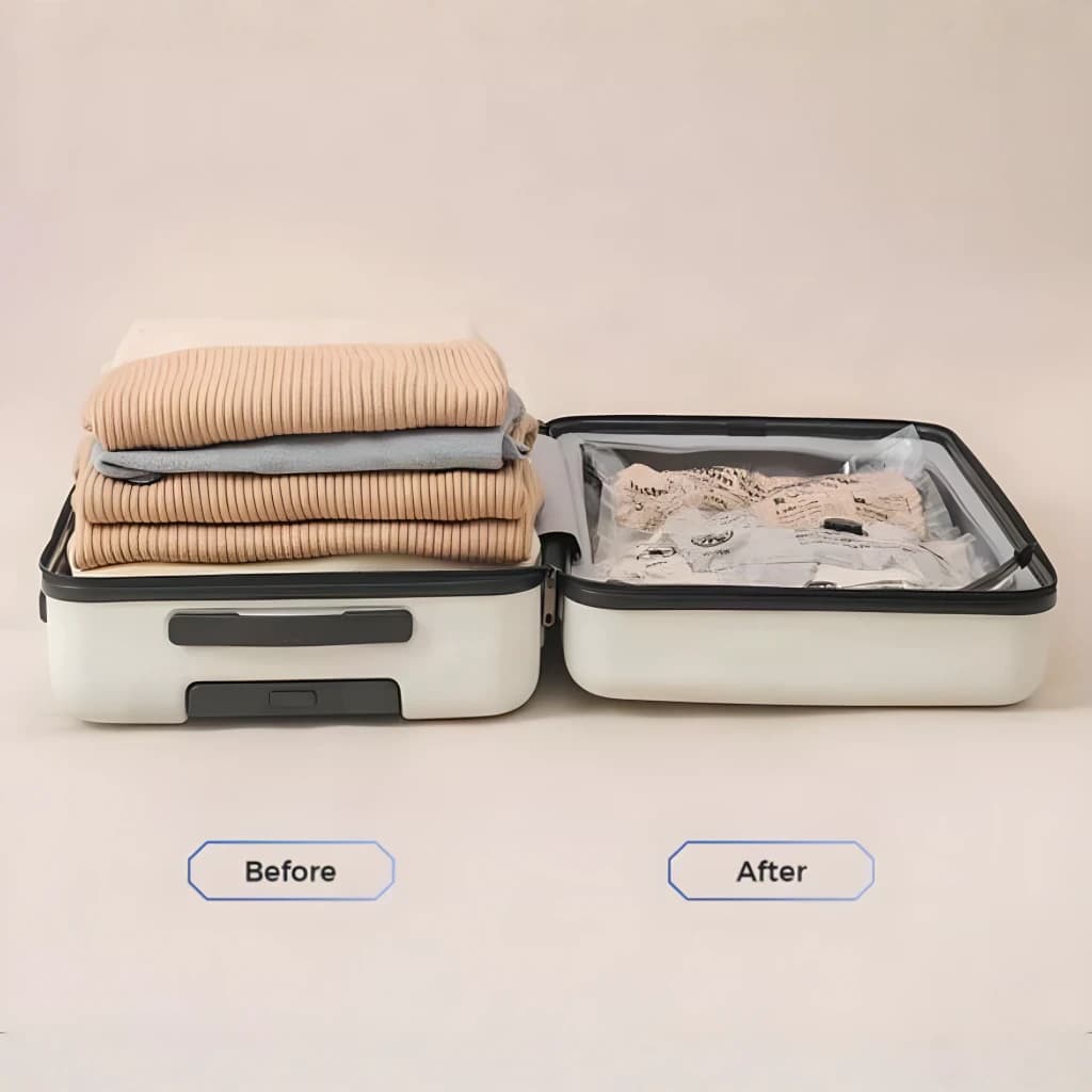 Sacs sous vide Flextail Vacuum L Pack de 4 – 10-12 pulls par sac, en utilisation: avant et après, pulls pliés empilés vs