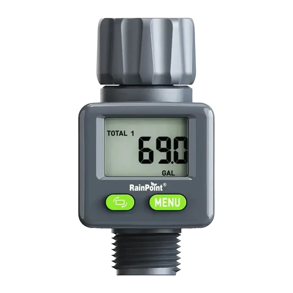 Caudalímetro RainPoint IP54 Caudal y Consumo CR2032 Gris ICS018, vista frontal: pantalla LCD con lectura 69.0 GAL y dos