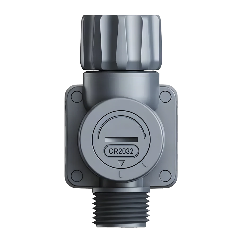 Caudalímetro RainPoint IP54 Caudal y Consumo CR2032 Gris ICS018, vista trasera: tapa circular con ranura y etiqueta CR2032