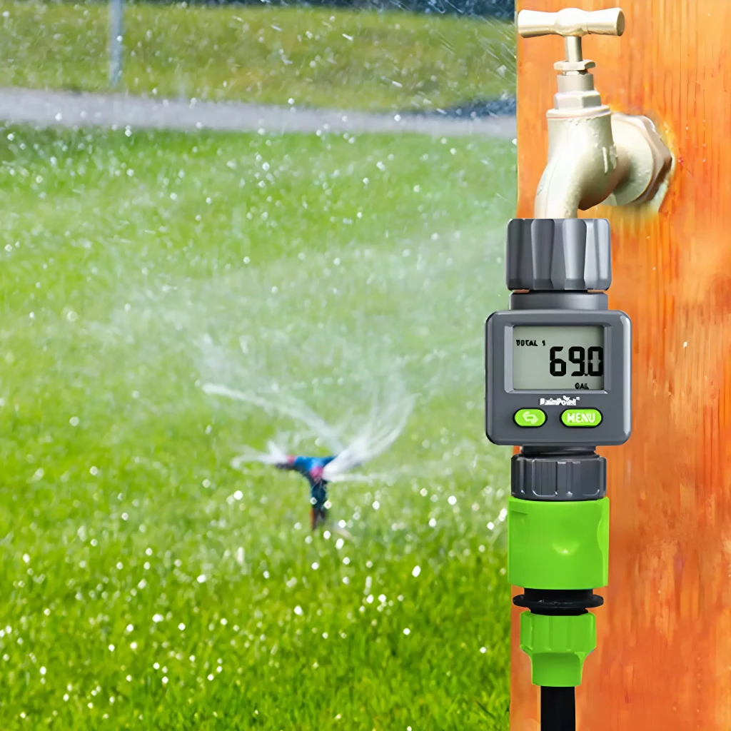 Caudalímetro RainPoint IP54 Caudal y Consumo CR2032 Gris ICS018, en uso: conectado a grifo exterior con pantalla LCD