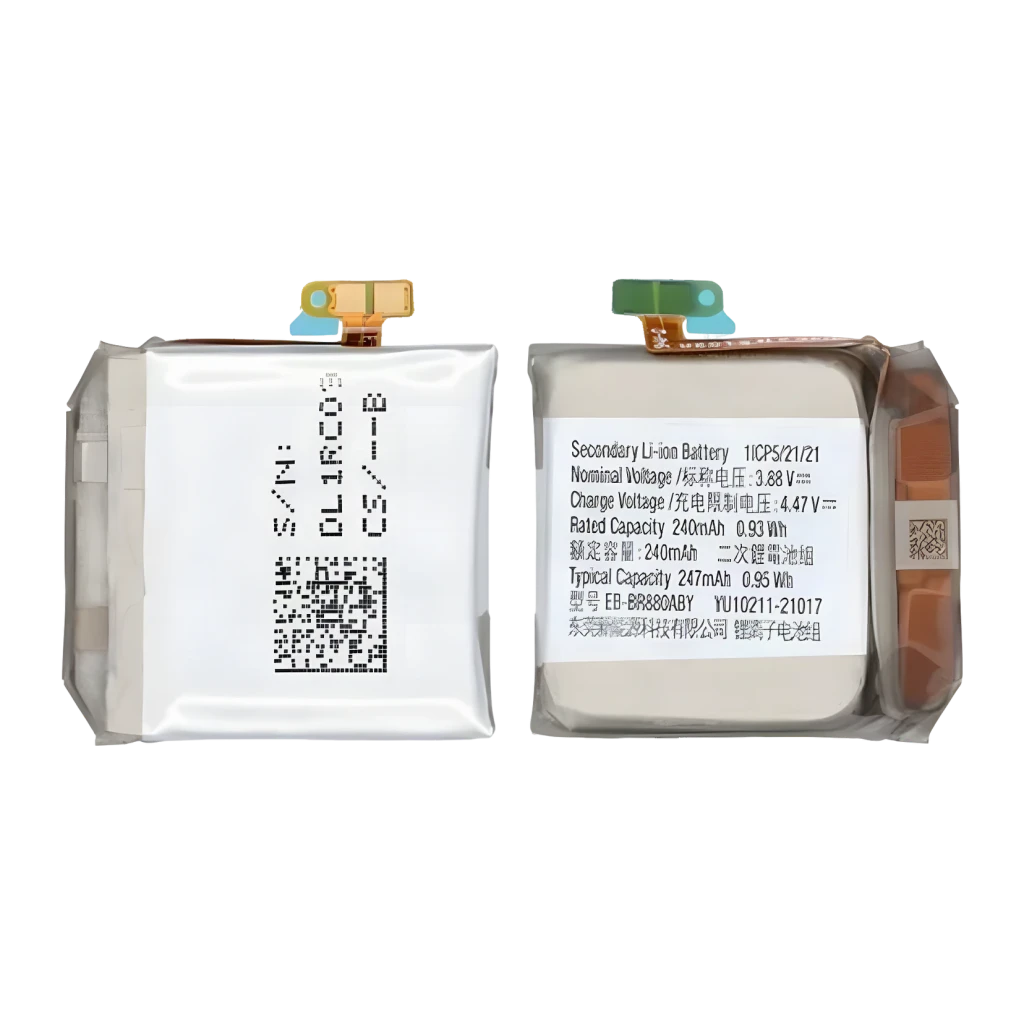 Batería de smartwatch Samsung Galaxy Watch 4 40mm / Classic 42mm Gris EB-BR880ABY, detalle: anverso y reverso con etiqueta
