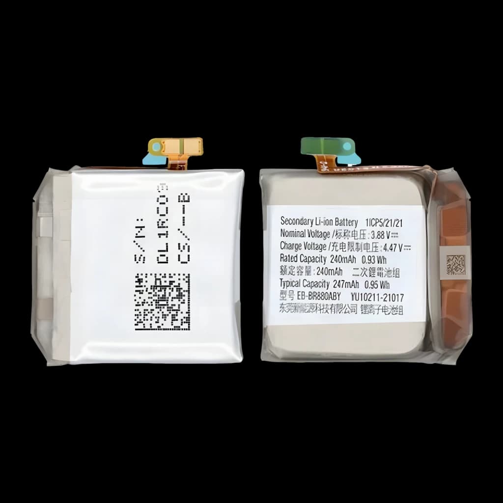 Bateria de smartwatch Samsung Galaxy Watch 4 40mm / Classic 42mm Cinzento EB-BR880ABY, detalhe: frente e verso com etiqueta