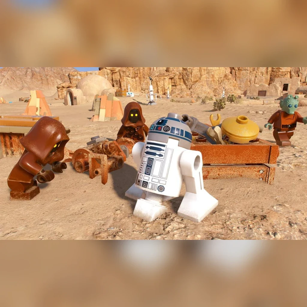 Videojuego Warner Bros. LEGO Star Wars: La Saga Skywalker Xbox Series X/Xbox One, en uso: R2-D2 y Jawas en Tatooine desértico