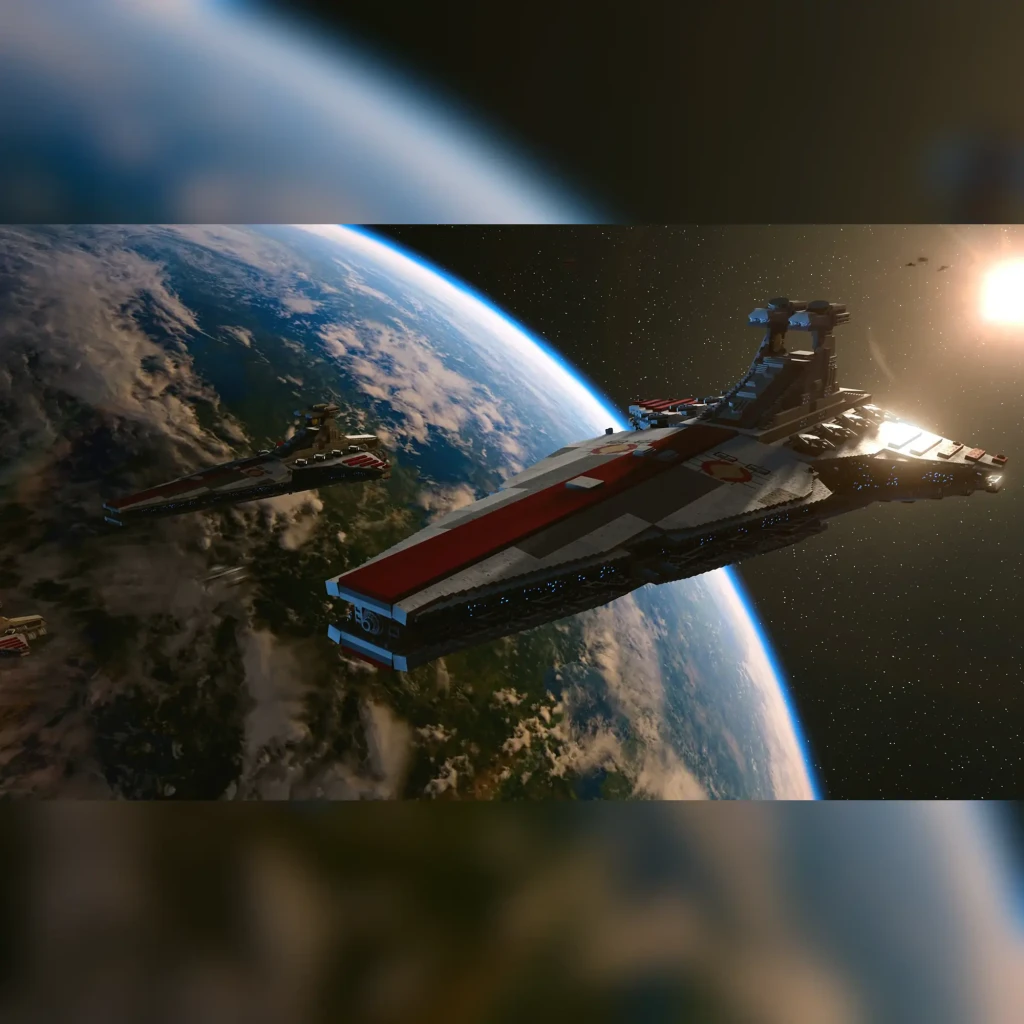 Videojuego Warner Bros. LEGO Star Wars: La Saga Skywalker Xbox Series X/Xbox One, en uso: crucero estelar LEGO sobre planeta