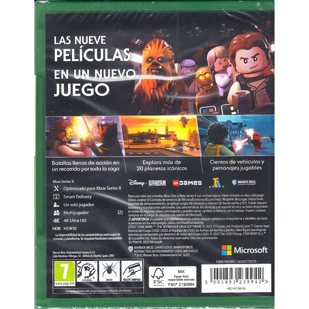 Videojuego Warner Bros. LEGO Star Wars: La Saga Skywalker Xbox Series X/Xbox One, vista trasera: carátula con personajes