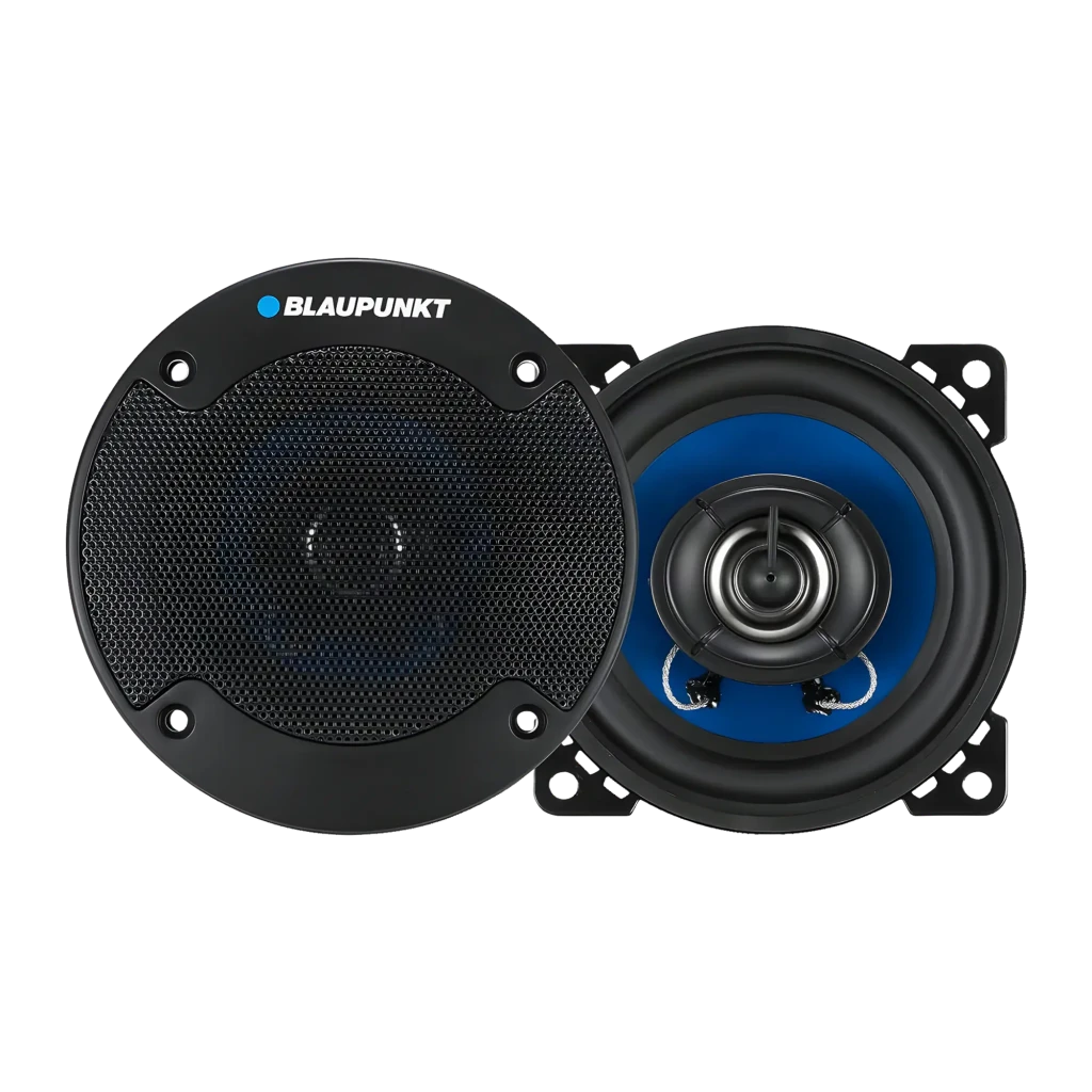 Altifalantes de carro Blaupunkt ICx 402 2 vias 25W RMS Preto, vista frontal: grelha preta com logótipo e altifalante