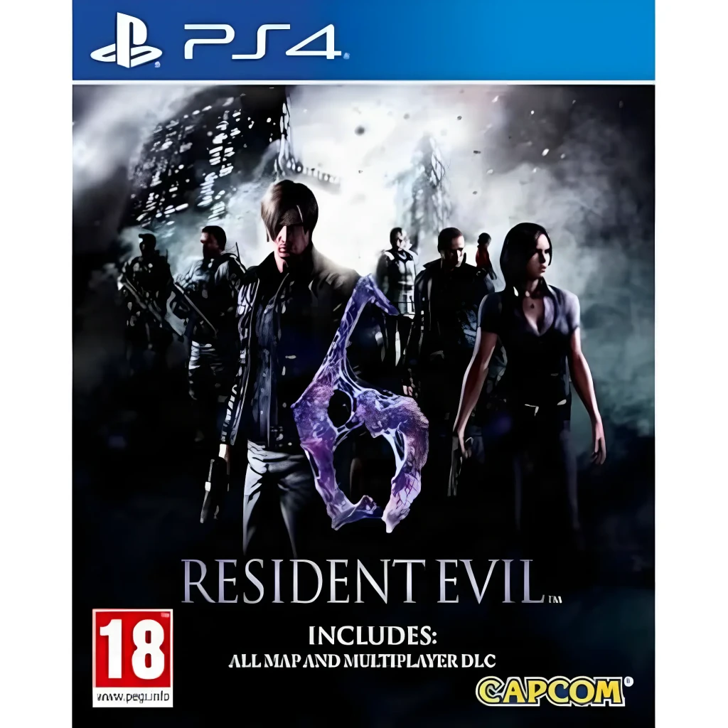 Videojuego Capcom Resident Evil 6 Estándar PS4, vista frontal: carátula con personajes armados, logo RE6 y DLC incluido