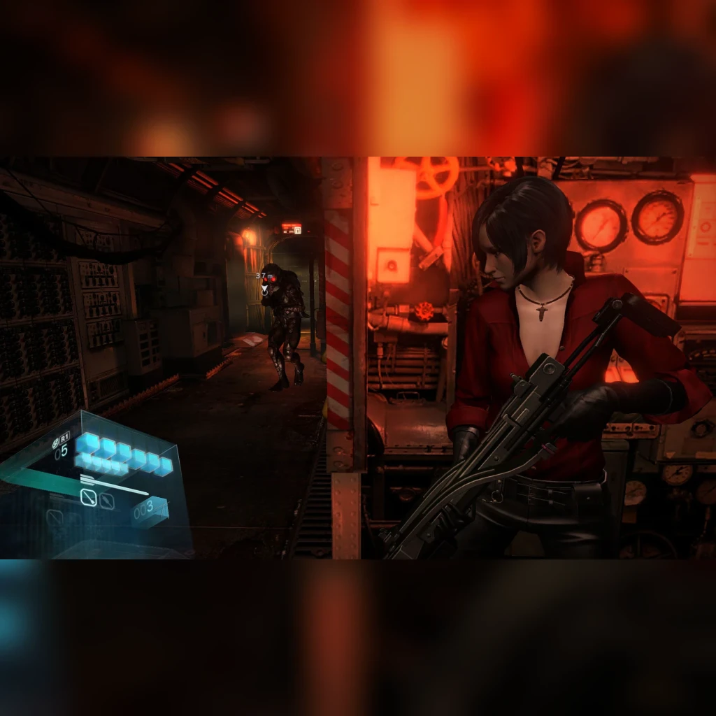 Videojuego Capcom Resident Evil 6 Estándar PS4, en uso: Ada Wong armada en sala industrial roja con HUD visible