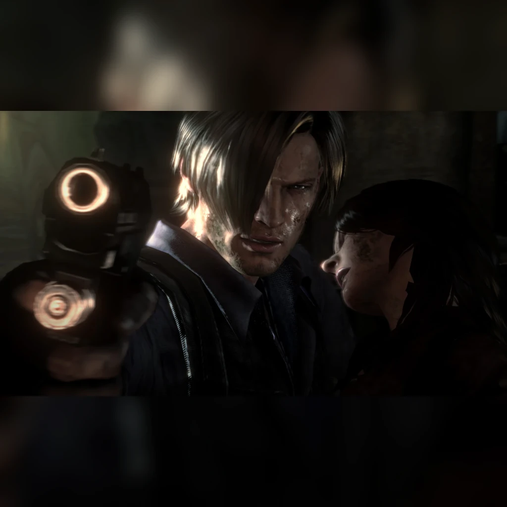 Videojuego Capcom Resident Evil 6 Estándar PS4, en uso: Leon apunta pistola en cinemática oscura junto a personaje femenino