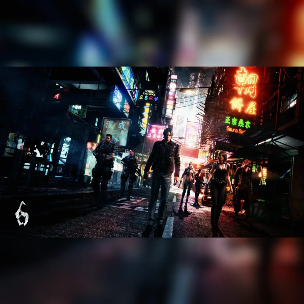 Videojuego Capcom Resident Evil 6 Estándar PS4, en uso: personajes armados en ciudad nocturna con letreros neón