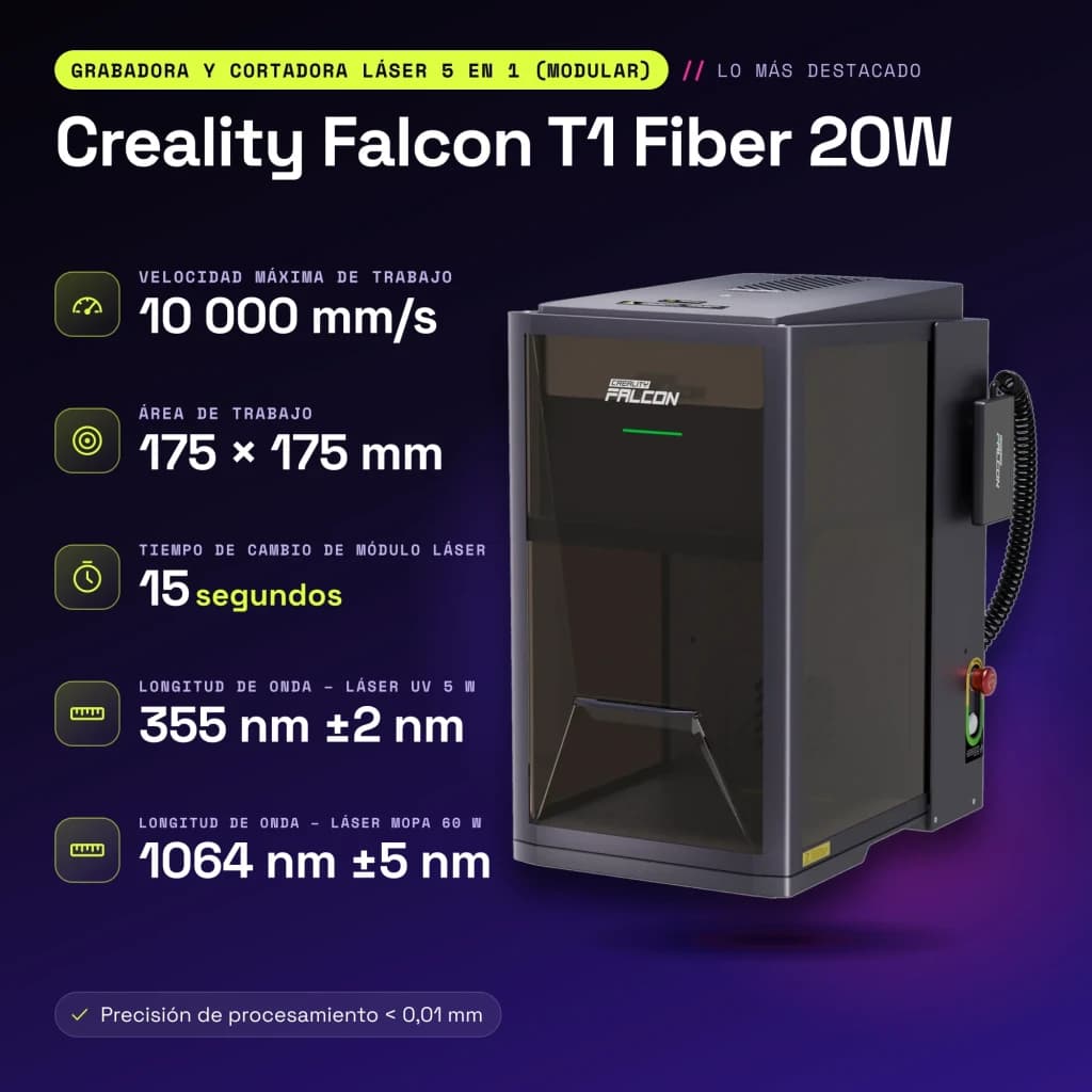 Grabadora Láser Creality Falcon T1 Fiber 20W Fibra IR 175×175mm ±0,01mm - características