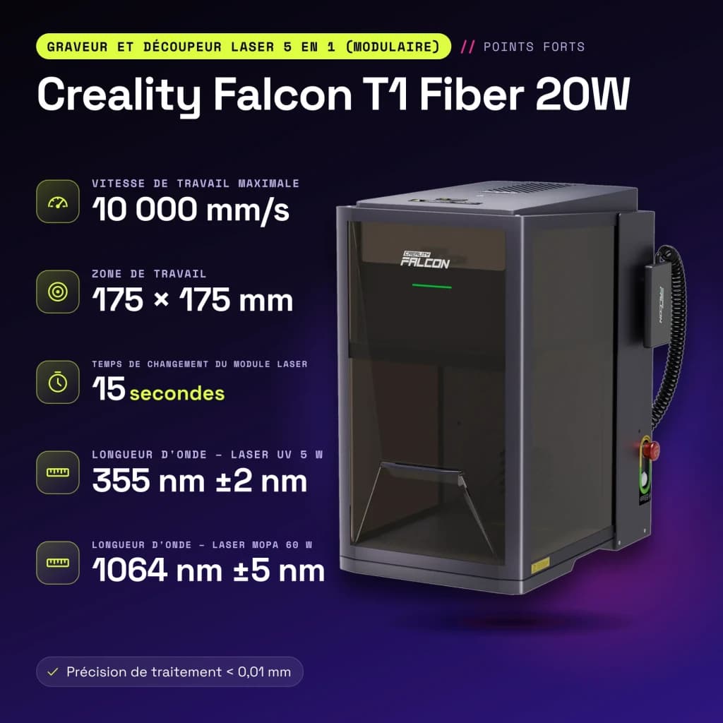 Grabadora Láser Creality Falcon T1 Fiber 20W Fibra IR 175×175mm ±0,01mm - características
