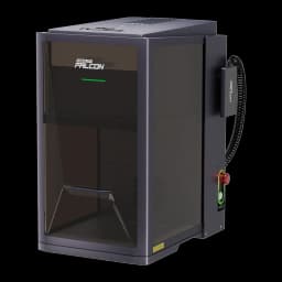 Graveur Laser Creality Falcon T1 Fiber 20W Fibre IR 175×175mm ±0,01mm, vue 3/4 avant: boîtier gris foncé, porte fumée, logo