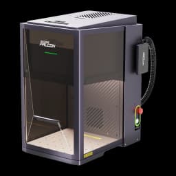 Graveur Laser Creality Falcon T1 Fiber 20W Fibre IR 175×175mm ±0,01mm, vue en angle: boîtier fermé avec porte fumée, bouton