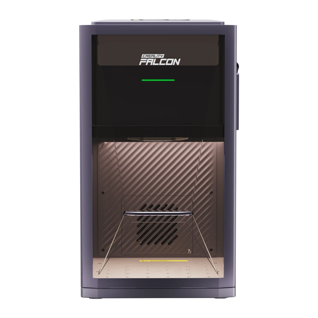 Graveur Laser Creality Falcon T1 Fiber 20W Fibre IR 175×175mm ±0,01mm, vue avant: intérieur éclairé avec plateau de travail