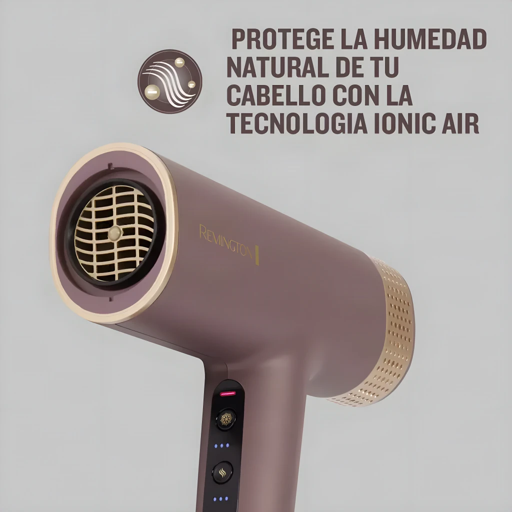 Secador de pelo Remington AIRvive EC8930 Iónico Motor Digital DC 1600W Rosa, vista lateral: rejilla frontal dorada y botones