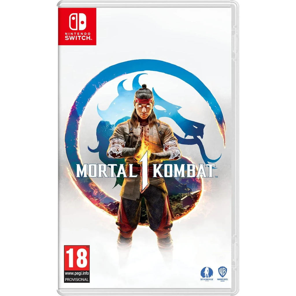 Jogo da Warner Games «Mortal Kombat 1» para a Nintendo Switch, vista frontal: capa com Liu Kang e logótipo dragão azul