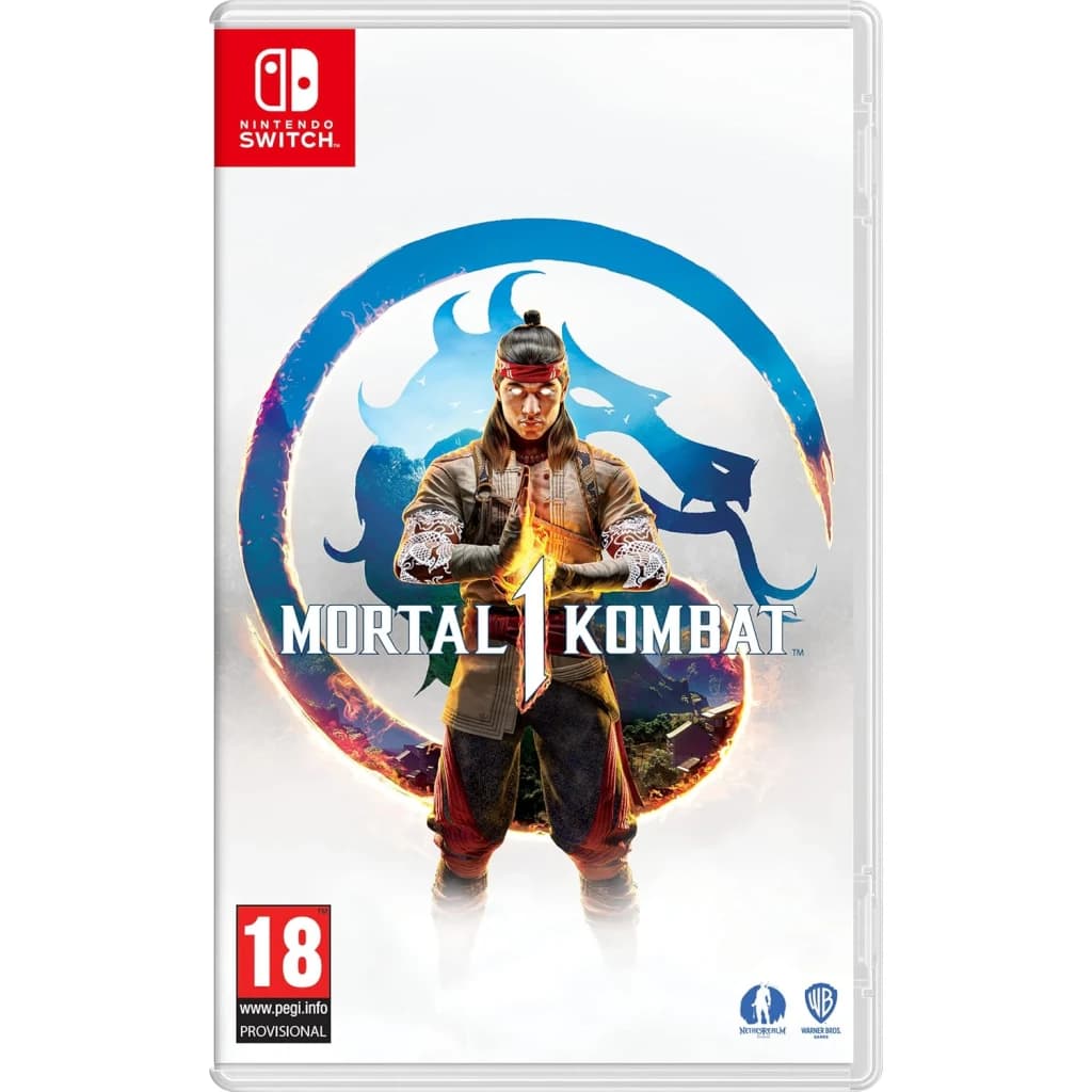 Jogo da Warner Games «Mortal Kombat 1» para a Nintendo Switch, vista frontal: capa com Liu Kang e logótipo dragão azul