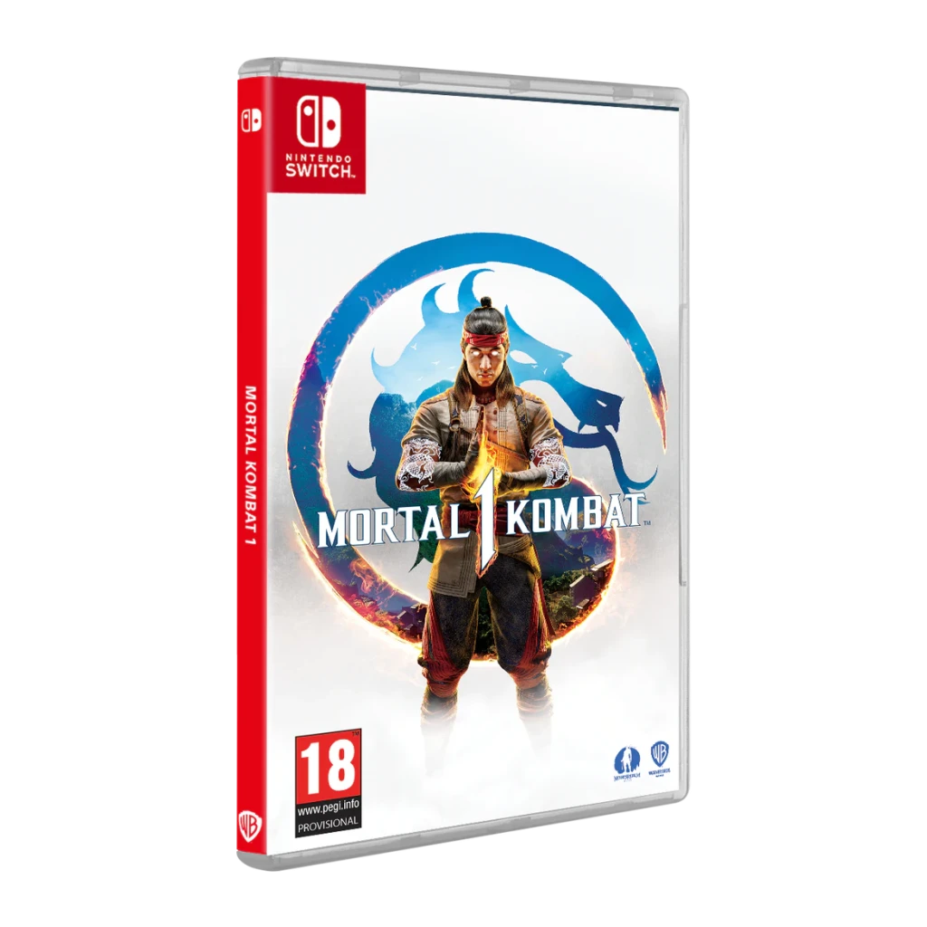 Jogo da Warner Games «Mortal Kombat 1» para a Nintendo Switch, detalhe: capa frontal com Liu Kang e logótipo dragão, lombada